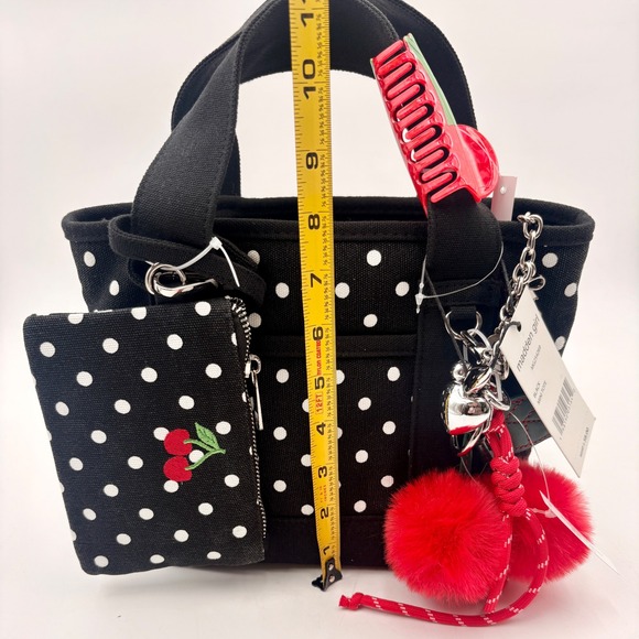Madden Girl Polka Dot Mini Tote Bag Cherry Pouch Pom Pom Hair Clip Set Black MG - Picture 7 of 9
